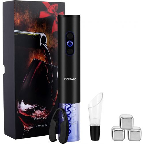  [아마존베스트]Pinkswan Wine Opener Electric Gift Set, Whiskey Stone Wine Lover Gifts with Wine Accessories of Automatic Corkscrew, Metal Ice Cube, Wine Pourer, Foil Cutter 4-in-1 set