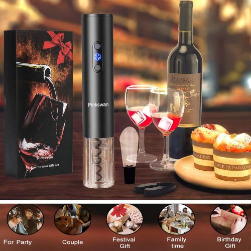  [아마존베스트]Pinkswan Wine Opener Electric Gift Set, Whiskey Stone Wine Lover Gifts with Wine Accessories of Automatic Corkscrew, Metal Ice Cube, Wine Pourer, Foil Cutter 4-in-1 set