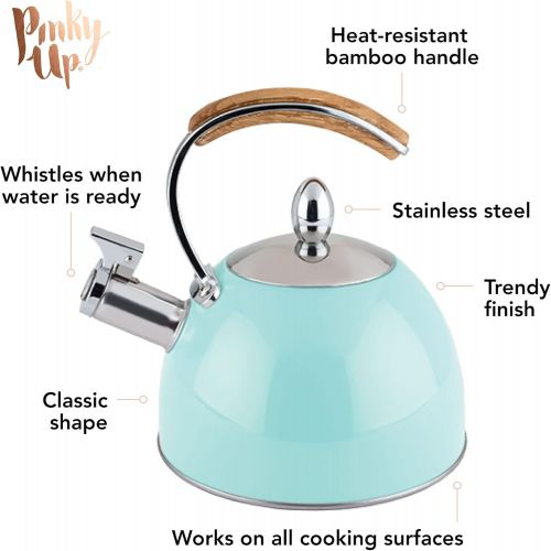  Pinky Up Presley Light Blue 70 Oz Tea Kettle, Stovetop Induction Stainless Steel Whistling Kettle
