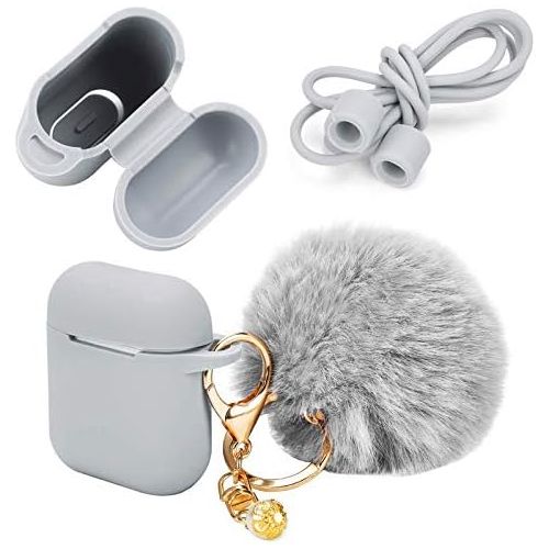  [아마존베스트]Pinowu Protective Case with Cute Pompom Ball Keychain Compatible with AirPods Charging Case, Full Silicone Case and Anti-Lost Strap for AirPods as Gifts (Grey)
