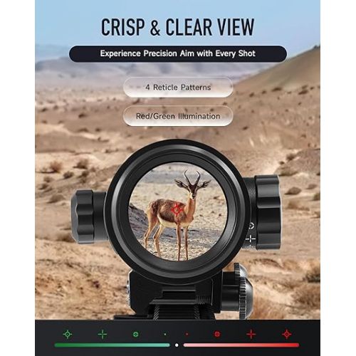  PINTY Red Green Dot Sight, 2 MOA Tactical Reflex Sight with 4 Reticle Patterns 5 Brightness Levels Flip Up Lens Cover for Rifle, 1x22mm Compact Rifle Scope Sight Fits 20mm Picatinny Weaver Rail