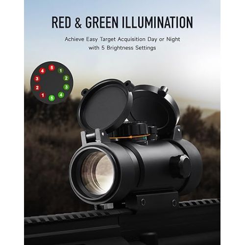  PINTY Red Green Dot Sight, 2 MOA Tactical Reflex Sight with 4 Reticle Patterns 5 Brightness Levels Flip Up Lens Cover for Rifle, 1x22mm Compact Rifle Scope Sight Fits 20mm Picatinny Weaver Rail