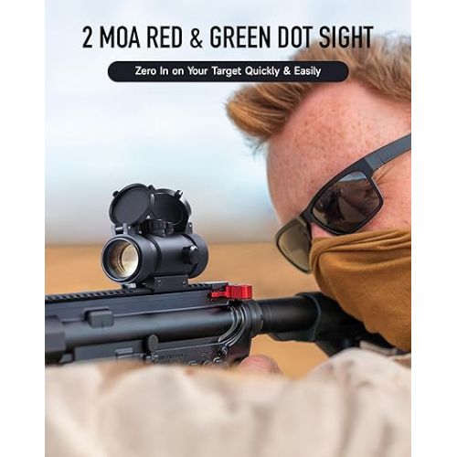  PINTY Red Green Dot Sight, 2 MOA Tactical Reflex Sight with 4 Reticle Patterns 5 Brightness Levels Flip Up Lens Cover for Rifle, 1x22mm Compact Rifle Scope Sight Fits 20mm Picatinny Weaver Rail