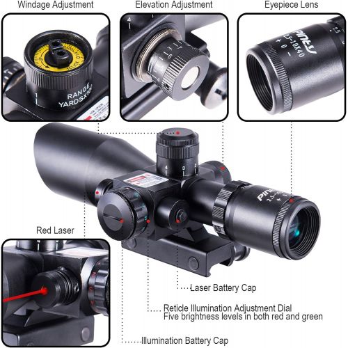  Pinty 2.5-10x40 Red Green Illuminated Mil-dot Tactical Rifle Scope with Red Laser Combo - Green Lens Color