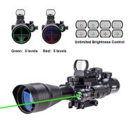 Pinty Rifle Scope 4-12x50EG Rangefinder Illuminated Optics with 4 Reticle Red&Green Reflex Sight & Green Dot Laser Sight