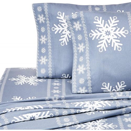  Pinzon by Amazon Pinzon Cotton Flannel Bed Sheet Set - King, Snowflake Dusty Blue