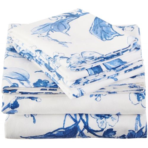  Pinzon by Amazon Pinzon Signature 190-Gram 100% Cotton Heavyweight Velvet Flannel Bed Sheet Set, King, Floral Smoky Blue