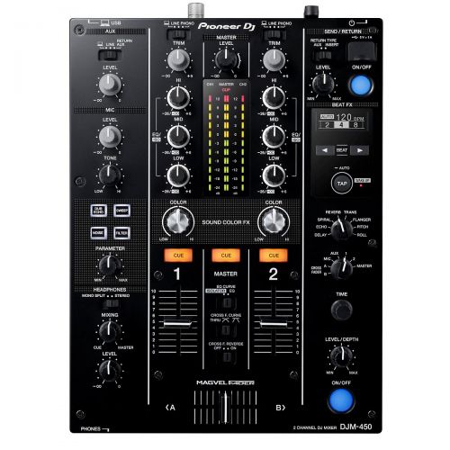 파이오니아 Pioneer},description:This DJM-450 is a 2-channel mixer ideal for partnering with any multiplayer or turntable pair. The Magvel fader combined with smooth EQ and channel fader curve