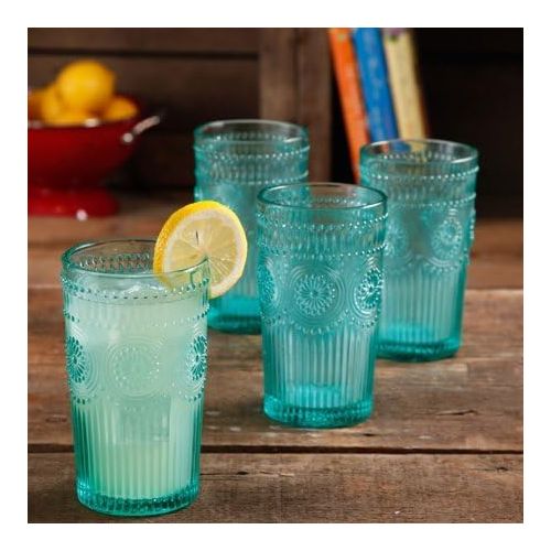 파이오니아 The Pioneer Woman Adeline 16-Ounce Emboss Glass Tumblers, Set of 4, Turquoise - 2 Pack