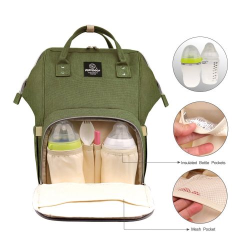  [아마존베스트]Pipi bear Diaper Bag Travel Backpack Large Capacity Tote Shoulder Nappy Bag Organizer for Baby Care with Insulated Pockets,Waterproof Fabric (Olive Green)