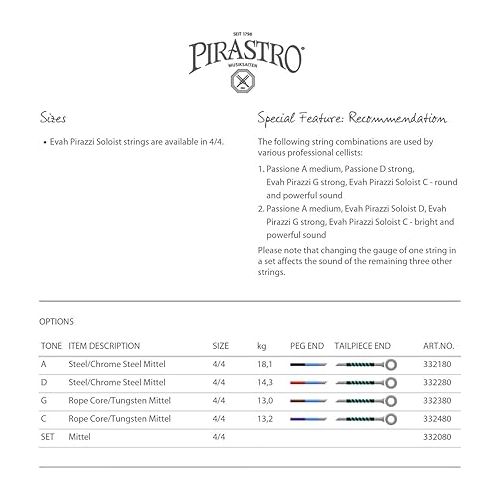  Pirastro Evah Pirazzi Soloist Cello String Set 4/4 Set Medium