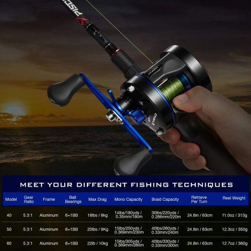  Piscifun Chaos XS Round Reel - Reinforced Metal Body Round Baitcasting Reel, Smooth Powerful Saltwater Inshore Surf Trolling Fishing Reels, Conventional Reels for Catfish, Musky, B