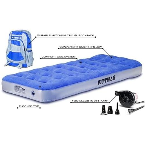  Pittman Outdoors - Kids Air Mattress - Blue Deluxe Blow up Twin Air Mattress for Kids - Inflatable Mattress Includes Electric Pump, Patch Kit & Color Matching Travel Backpack