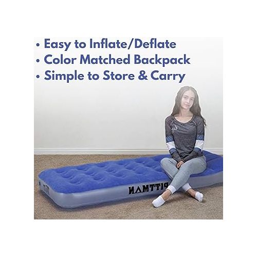  Pittman Outdoors - Kids Air Mattress - Blue Deluxe Blow up Twin Air Mattress for Kids - Inflatable Mattress Includes Electric Pump, Patch Kit & Color Matching Travel Backpack