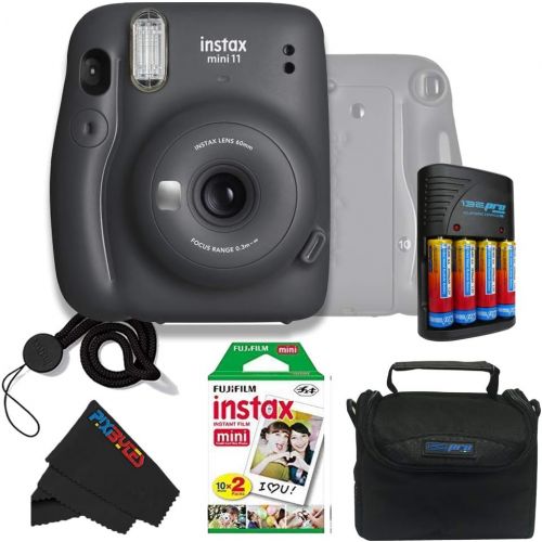  Fujifilm Instax Mini 11 Instant Camera - Charcoal Grey with Fujifilm instax Mini Film Twin Pack (20 Exposures) + Pixibytes Essentials Bundle