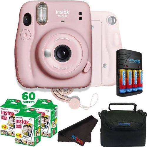  Fujifilm Instax Mini 11 Instant Camera - Blush Pink with Fujifilm instax Mini Film Twin Pack (60 Sheets) + Pixibytes Essentials Bundle