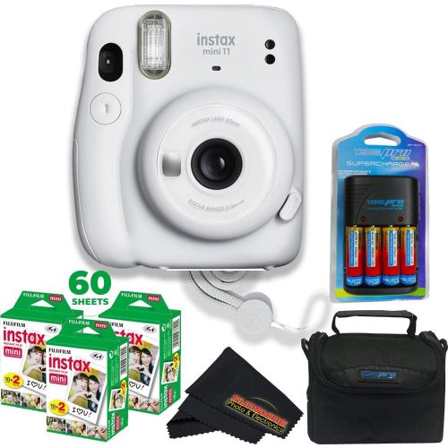  Fujifilm Instax Mini 11 Instant Camera - Ice White with Fujifilm instax Mini Film Twin Pack (60 Sheets) + Pixibytes Essentials Bundle