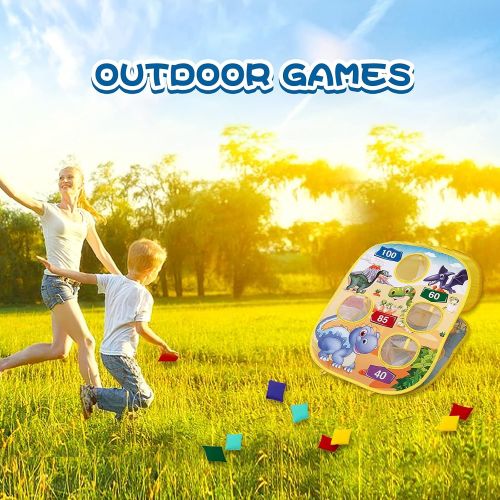  Pizigci Bean Bag Toss Game Outdoor Toys for Kids Ages 4-8,Outside Backyard, Lawn Party Activities Toy for Toddler,Gifts for Boys Girls, Dinosaur & Oceans Themed Collapsible Double Sided