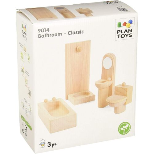  PlanToys Wooden Classic Line of Dollhouse Furniture- Bathroom Set (9014) Sustainably Made from Rubberwood and Non-Toxic Paints and Dyes PlanNatural Classic Wooden Toy Collection