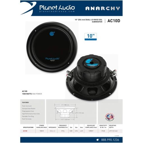  Planet Audio AC10D 10 Inch Car Subwoofer - 1500 Watts Maximum Power, Dual 4 Ohm Voice Coil, Sold Individually