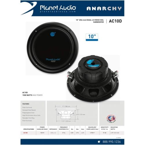  [아마존베스트]Planet Audio AC10D 10 Inch Car Subwoofer - 1500 Watts Maximum Power, Dual 4 Ohm Voice Coil, Sold Individually
