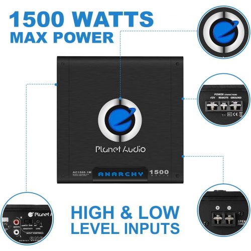  Planet Audio AC1500.1M Monoblock Car Amplifier - 1500 Watts Max Power, 2/4 Ohm Stable, Class A/B, Mosfet Power Supply, Remote Subwoofer Control