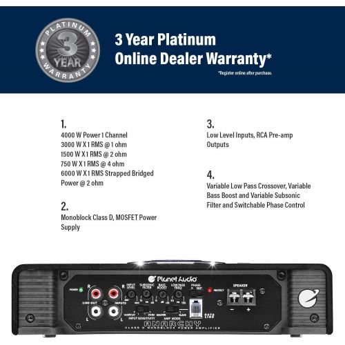  Planet Audio AC4000.1D Class D Car Amplifier - 4000 Watts, 1 Ohm Stable, Digital, Monoblock, Mosfet Power Supply