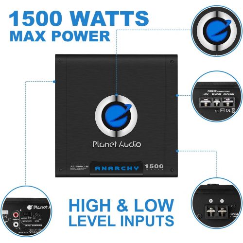  Planet Audio AC1500MK Car Amplifier and 8 Gauge Wiring Kit - 1500 Watts Max Power, 2/4 Ohm Stable, Class AB, Monoblock, Mosfet Power Supply, Remote Subwoofer Control