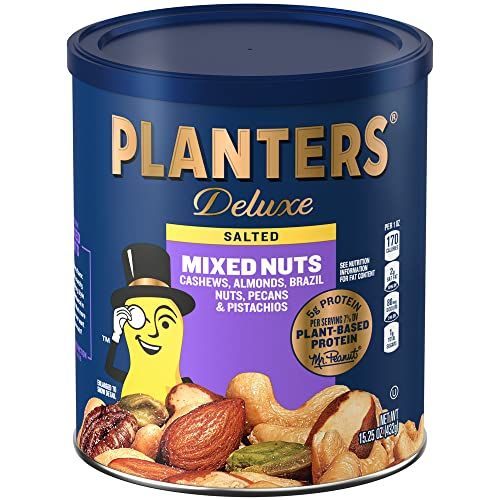  [무료배송]PLANTERS Deluxe Mixed Nuts with Hazelnuts, 15.25 oz. Resealable Canister - Cashews, Almonds, Hazelnuts, Pistachios & Pecans Roasted in Peanut Oil with Sea Salt - Kosher Savory Snac