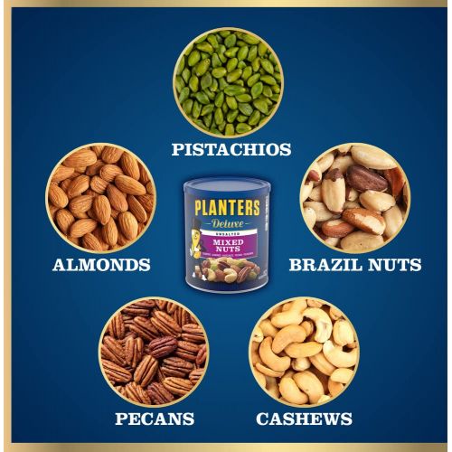  [무료배송]PLANTERS Deluxe Mixed Nuts with Hazelnuts, 15.25 oz. Resealable Canister - Cashews, Almonds, Hazelnuts, Pistachios & Pecans Roasted in Peanut Oil with Sea Salt - Kosher Savory Snac