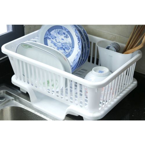  Plastic Dish Rack with Drain Board and Utensil Cup - White by Basicwise