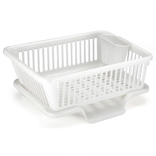  Plastic Dish Rack with Drain Board and Utensil Cup - White by Basicwise