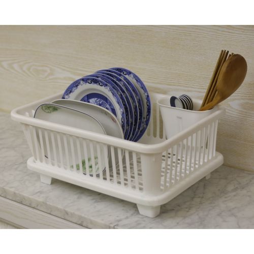  Plastic Dish Rack with Drain Board and Utensil Cup - White by Basicwise