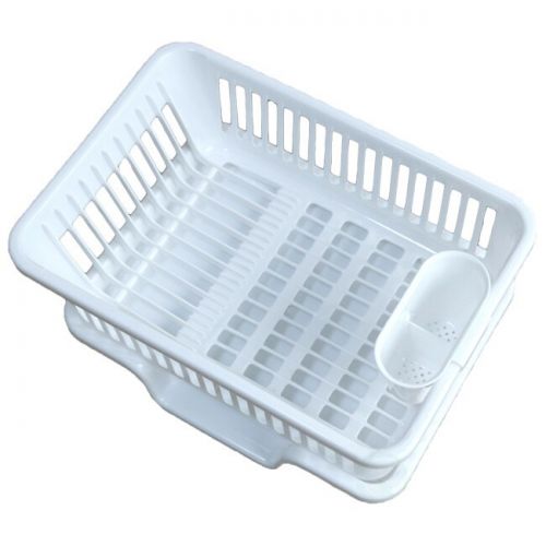  Plastic Dish Rack with Drain Board and Utensil Cup - White by Basicwise