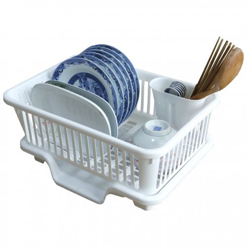  Plastic Dish Rack with Drain Board and Utensil Cup - White by Basicwise