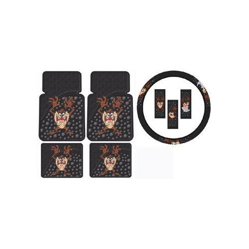  Plasticolor Tasmanian Devil Taz w/ Attitude 5pc Combo Set Front & Rear Floor Mats & Steering Wheel Cover