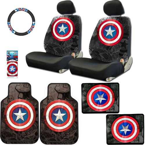  Plasticolor 10 Piece Captain America Marvel Comics Floor Mats, Seat Covers, Steering Wheel Cover Set with Bonus Air Freshener for Your Car Truck or SUV