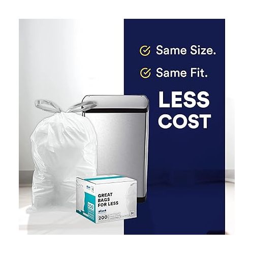  Plasticplace Custom Fit Trash Bags, Compatible with simplehuman Code Q (200 Count) White Drawstring Garbage Liners 13-17 Gallon, 25