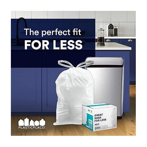  Plasticplace Custom Fit Trash Bags, Compatible with simplehuman Code N (50 Count) White Drawstring Garbage Liners 12-13 Gallon / 45-50 Liters, 22.5