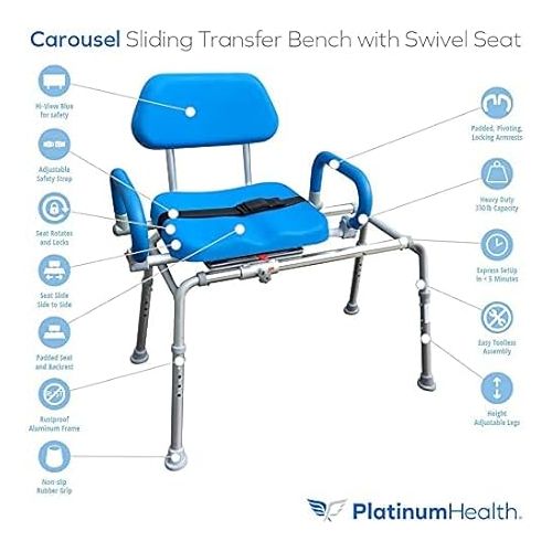 Carousel Sliding Shower Chair Tub Transfer Bench with Swivel Seat, Premium Padded Bath, with Pivoting Arms, Adjustable Space Saving Design for Tubs, Inside Shower, for Handicap & Seniors, Blue