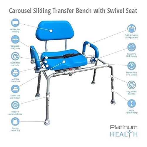  Carousel Sliding Shower Chair Transfer Bench with Swivel Seat, Premium Padded Bath, with Pivoting Arms, Adjustable Space Saving Design for Tubs, Shower, for Handicap & Seniors, Gray