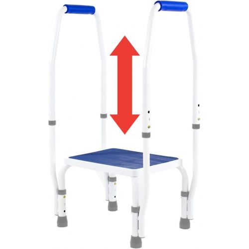  Platinum Health AdjustaStep(tm) DoubleSafe Deluxe Step Stool/Footstool with Dual Handle/Handrail, Height Adjustable. Modern White/Blue Design. Padded Non-Slip Hand Grips