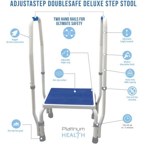  Platinum Health AdjustaStep(tm) DoubleSafe Deluxe Step Stool/Footstool with Dual Handle/Handrail, Height Adjustable. Modern White/Blue Design. Padded Non-Slip Hand Grips
