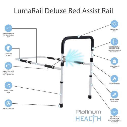  Platinum Health LumaRail Bed Assist Rail, Support Bar Handle. Includes LED Motion Sensor Nightlight + FREE Anchor Strap. Works with LOW BEDS. INDEPENDENTLY ADJUSTABLE HEIGHT TOP-RAIL WORKS WITH TH