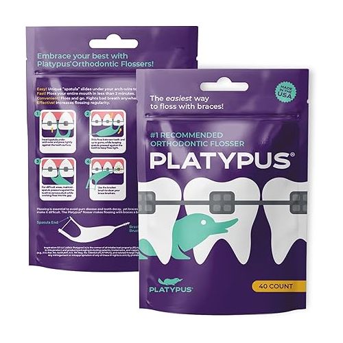  Platypus Orthodontic Flossers for Braces | Ortho Picks for Adults & Kids | Fits Under Arch Wire | Non-Damaging | Encourage Flossing Habits | Floss Teeth in Under Two Minutes (40 Count (Pack of 3)