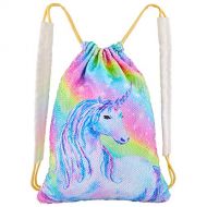 Play Tailor Sequin Unicorn Drawstring Bag Flip Sequin Backpack Glittering Outdoor Sports Bag Dance Bag, Rainbow Unicorn