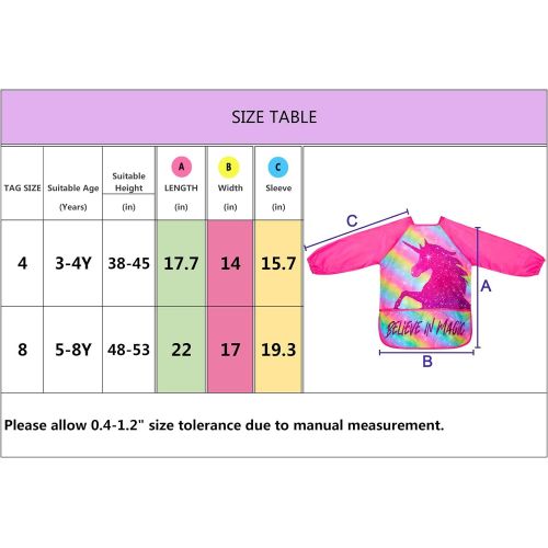  [아마존베스트]Play Tailor Smock for Kids Girls 2 Pack Painting Art Smocks Unicorn Long Sleeve Waterproof Apron with Pockets