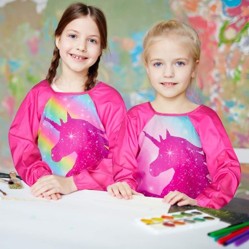 [아마존베스트]Play Tailor Smock for Kids Girls 2 Pack Painting Art Smocks Unicorn Long Sleeve Waterproof Apron with Pockets