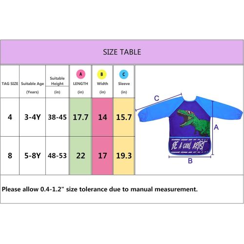  [아마존베스트]Play Tailor Smock for Kids Boys 2 Pack Painting Art Smocks Dinosaur Long Sleeve Waterproof Apron with Pockets