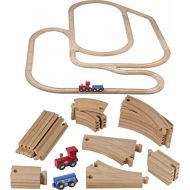 Play22 Wooden Train Tracks - 52 PCS Wooden Train Set + 2 Bonus Toy Trains - Train Sets for Kids - Car Train Toys is Compatible with Thomas Wooden Railway Systems and All Major Bran